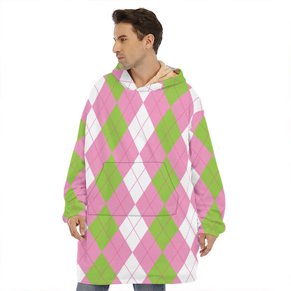 Green Pink And White Argyle Print Hoodie Blanket