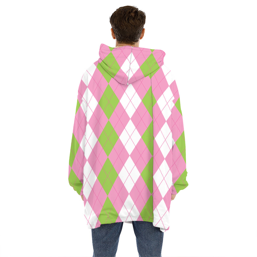 Green Pink And White Argyle Print Hoodie Blanket