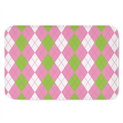 Green Pink And White Argyle Print Indoor Door Mat