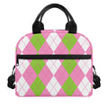 Green Pink And White Argyle Print Insulated Lunch Bag