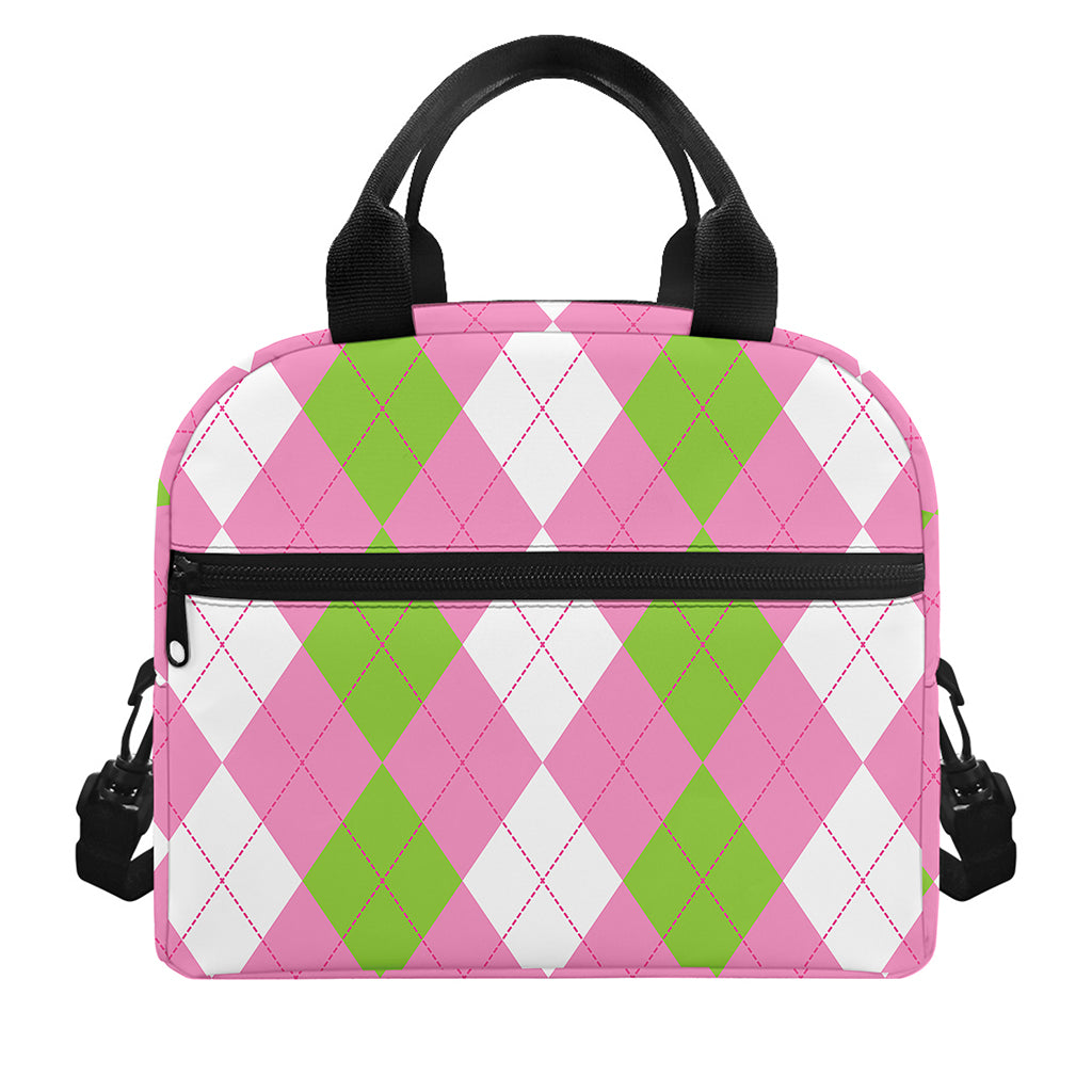Green Pink And White Argyle Print Insulated Lunch Bag