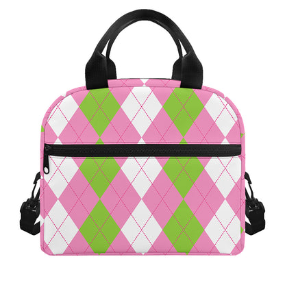 Green Pink And White Argyle Print Insulated Lunch Bag