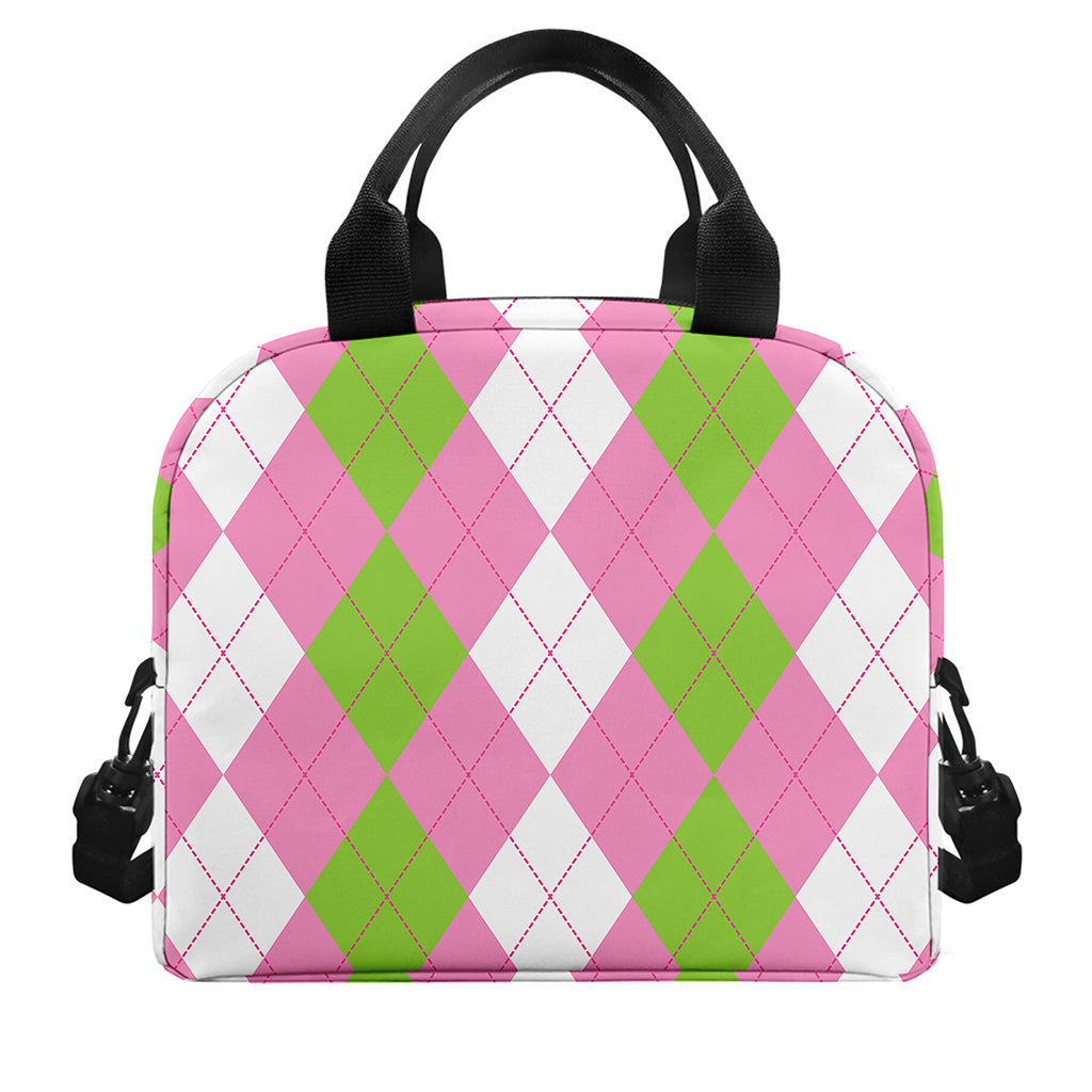 Green Pink And White Argyle Print Insulated Lunch Bag