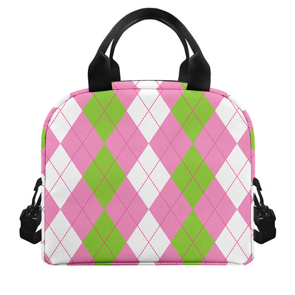 Green Pink And White Argyle Print Insulated Lunch Bag