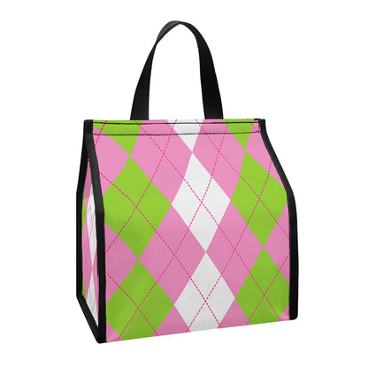 Green Pink And White Argyle Print Insulated Lunch Tote