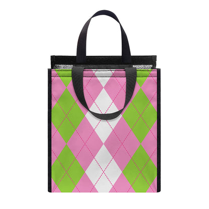 Green Pink And White Argyle Print Insulated Lunch Tote