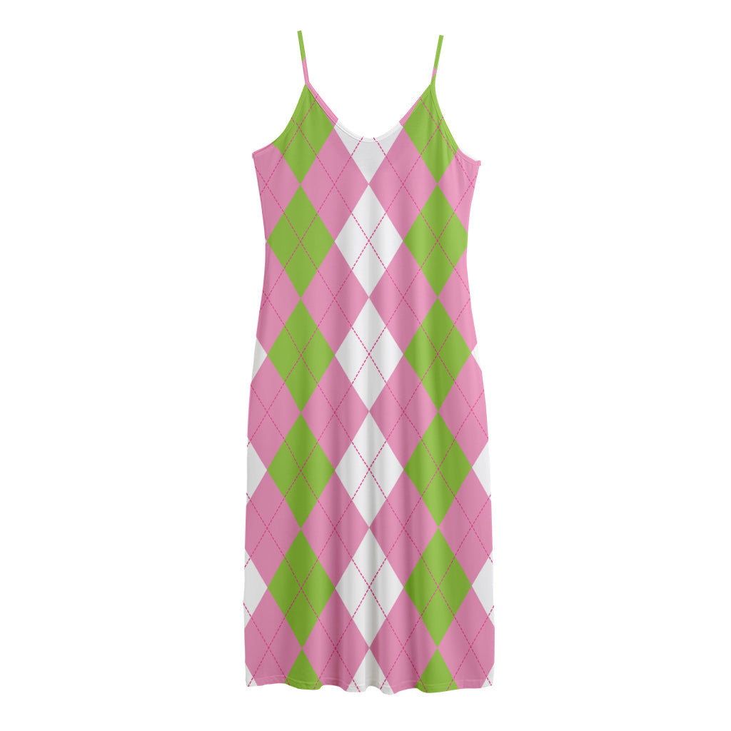 Green Pink And White Argyle Print Jersey Midi Cami Dress