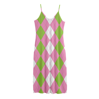Green Pink And White Argyle Print Jersey Midi Cami Dress