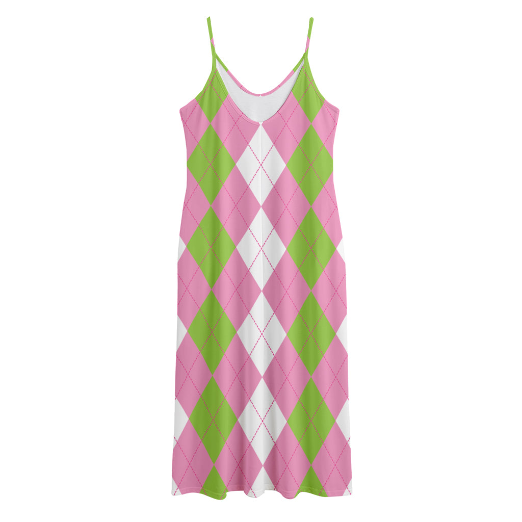 Green Pink And White Argyle Print Jersey Midi Cami Dress