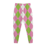 Green Pink And White Argyle Print Jogger Pants