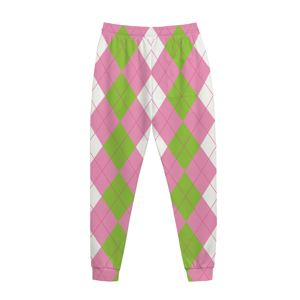 Green Pink And White Argyle Print Jogger Pants