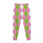 Green Pink And White Argyle Print Jogger Pants