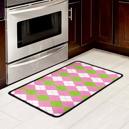 Green Pink And White Argyle Print Kitchen Mat