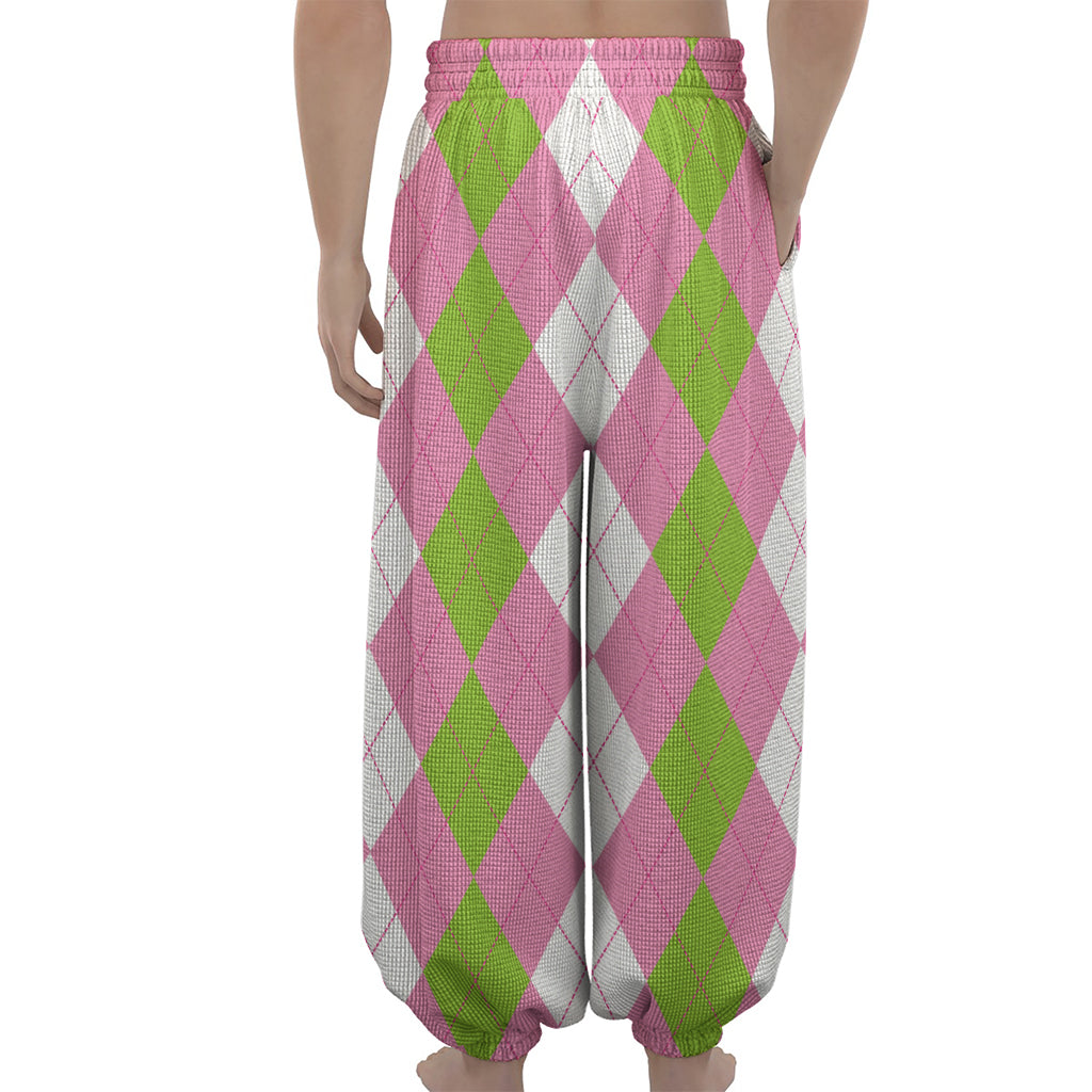 Green Pink And White Argyle Print Lantern Pants