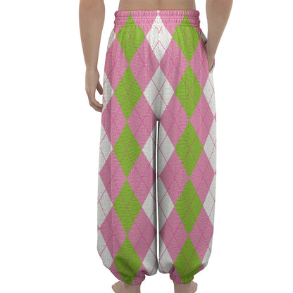 Green Pink And White Argyle Print Lantern Pants