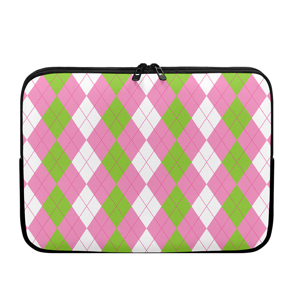 Green Pink And White Argyle Print Laptop Sleeve