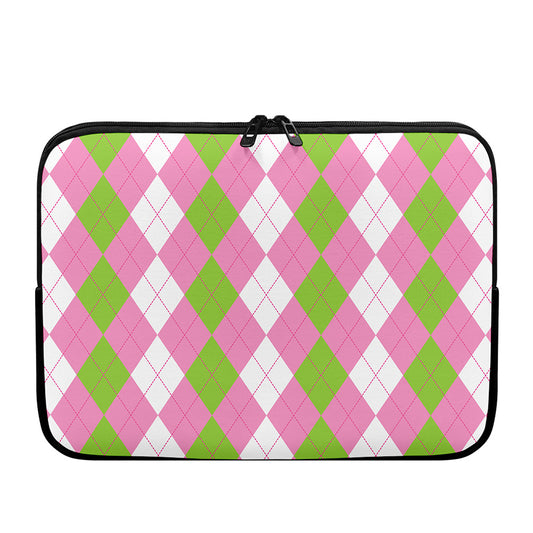 Green Pink And White Argyle Print Laptop Sleeve