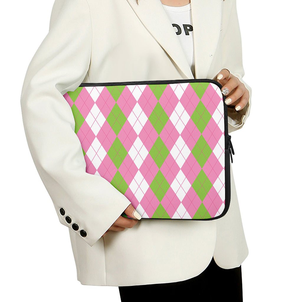 Green Pink And White Argyle Print Laptop Sleeve