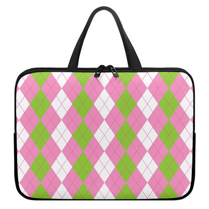 Green Pink And White Argyle Print Laptop Sleeve With Handle