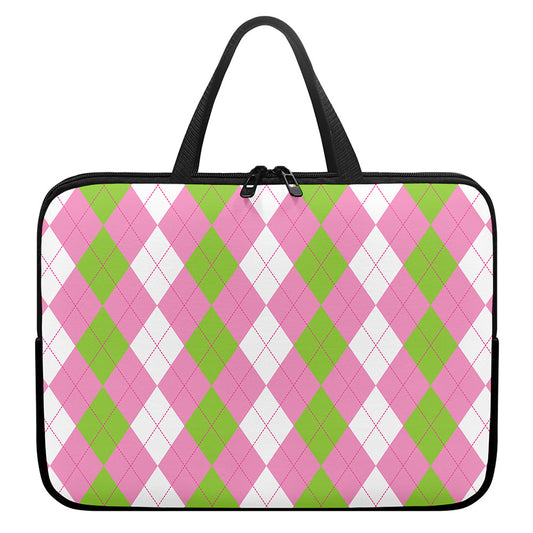 Green Pink And White Argyle Print Laptop Sleeve With Handle