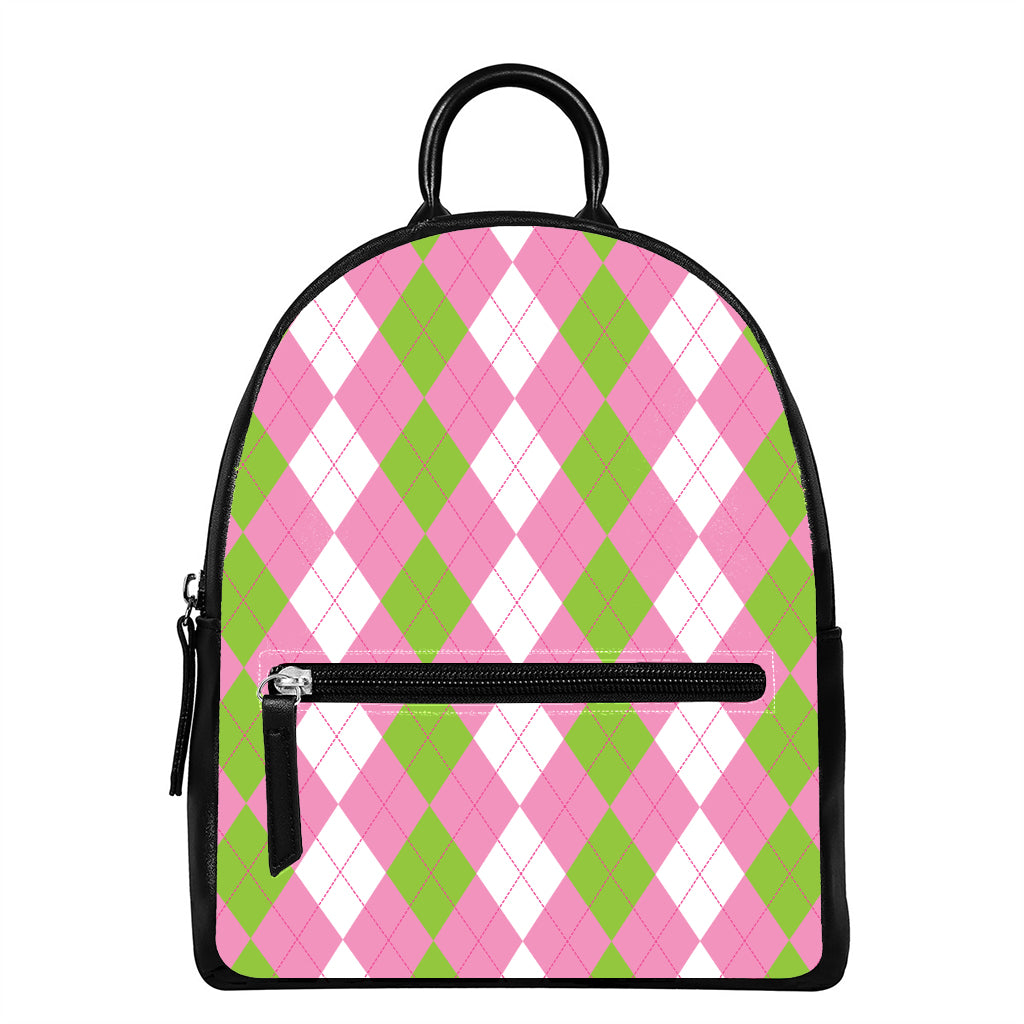 Green Pink And White Argyle Print Leather Backpack