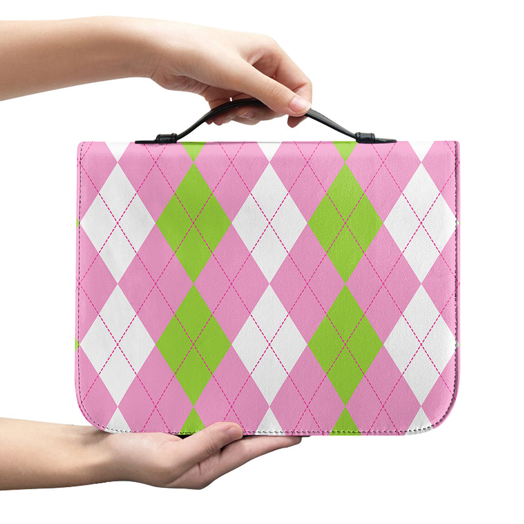 Green Pink And White Argyle Print Leather Bible Cover