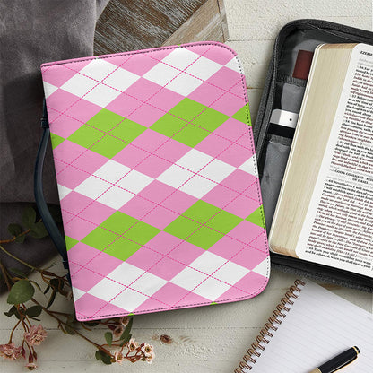 Green Pink And White Argyle Print Leather Bible Cover