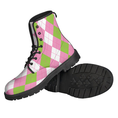 Green Pink And White Argyle Print Backpack
