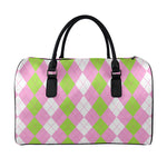 Green Pink And White Argyle Print Leather Duffle Bag
