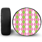 Green Pink And White Argyle Print Leather Spare Tire Cover