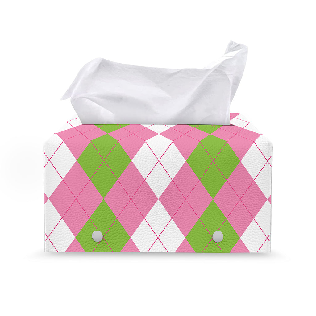 Green Pink And White Argyle Print Leather Tissue Box Cover