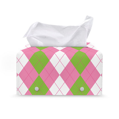 Green Pink And White Argyle Print Leather Tissue Box Cover