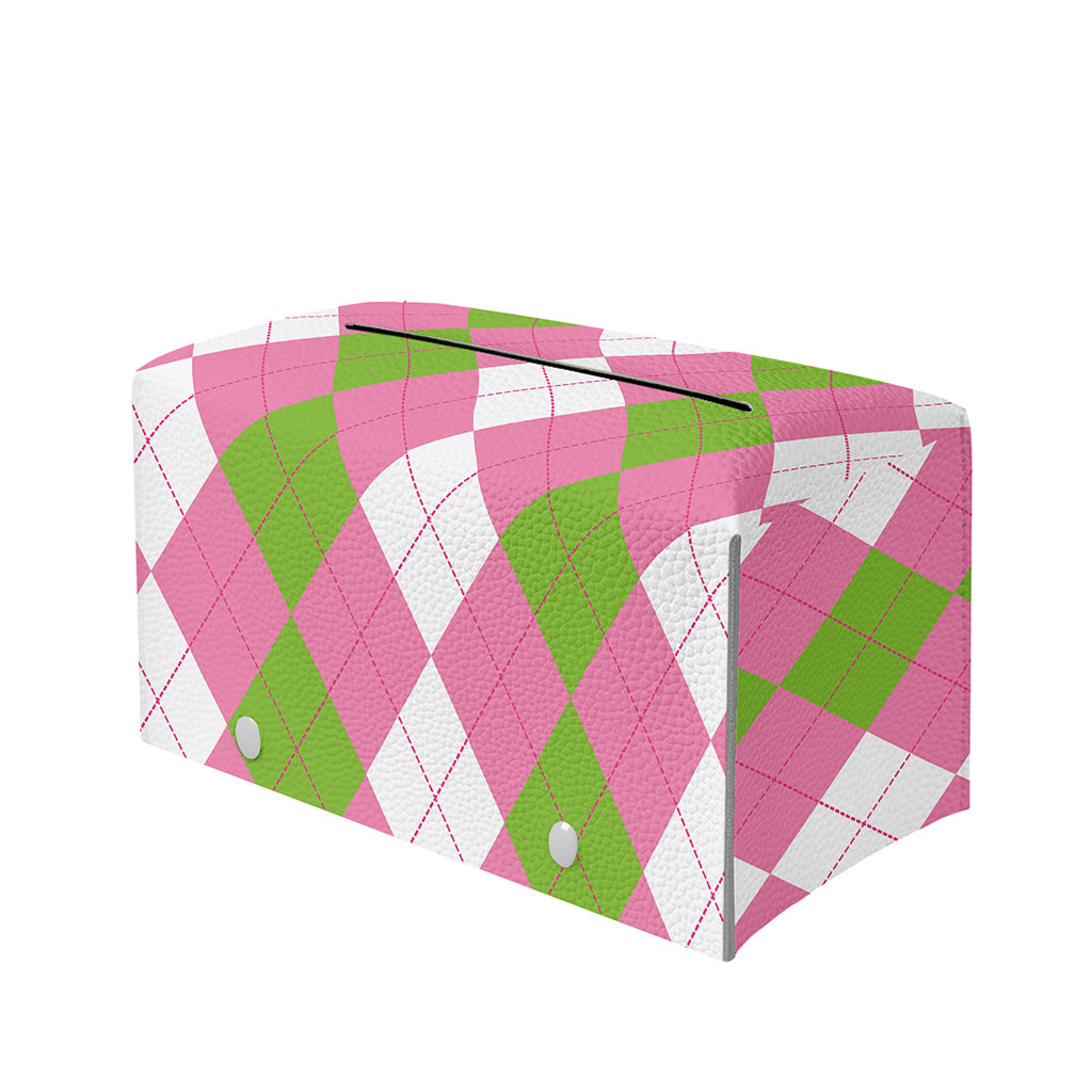 Green Pink And White Argyle Print Leather Tissue Box Cover