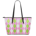 Green Pink And White Argyle Print Leather Tote Bag With Zipper