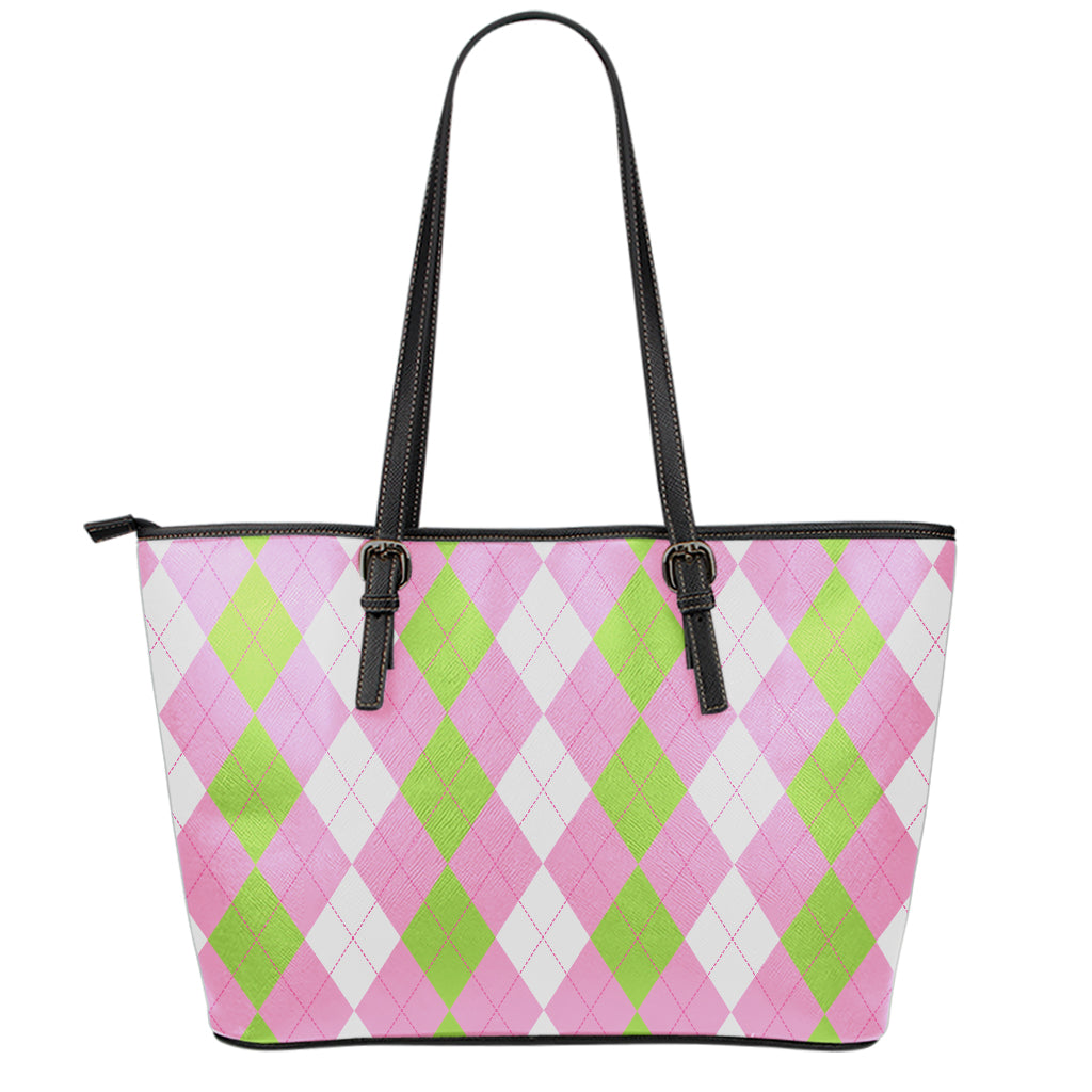Green Pink And White Argyle Print Leather Tote Bag