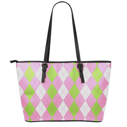 Green Pink And White Argyle Print Leather Tote Bag