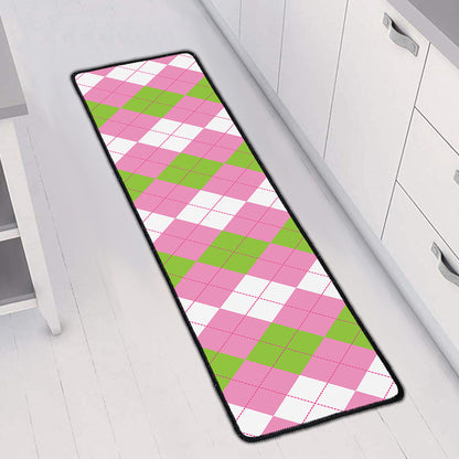 Green Pink And White Argyle Print Long Kitchen Mat