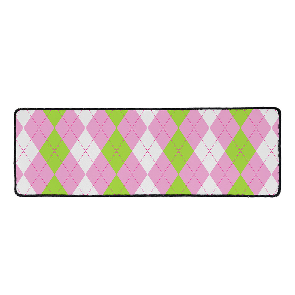 Green Pink And White Argyle Print Long Kitchen Mat