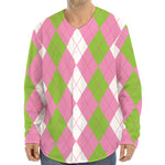 Green Pink And White Argyle Print Long Sleeve Baseball Jersey