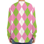 Green Pink And White Argyle Print Long Sleeve Baseball Jersey