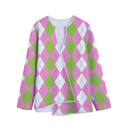 Green Pink And White Argyle Print Long Sleeve Short Coat