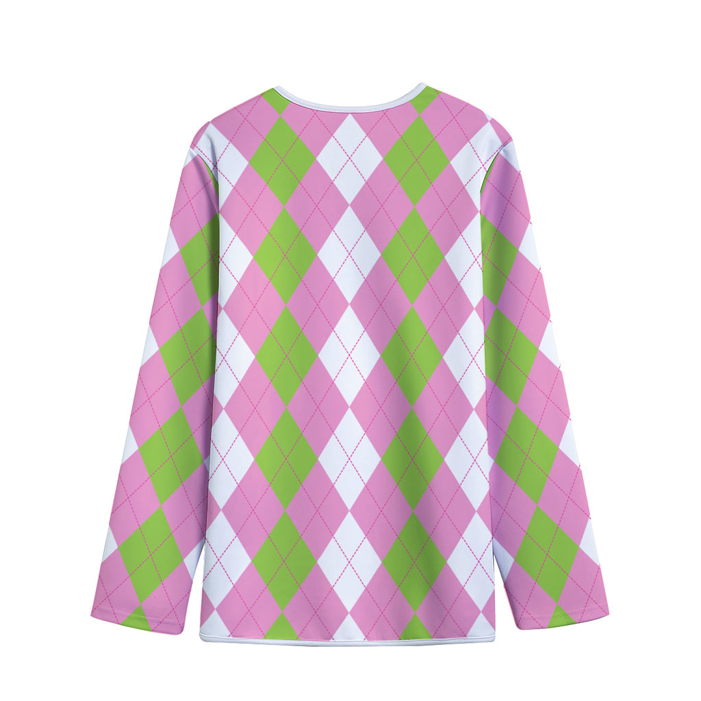 Green Pink And White Argyle Print Long Sleeve Short Coat