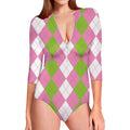 Green Pink And White Argyle Print Long Sleeve Swimsuit
