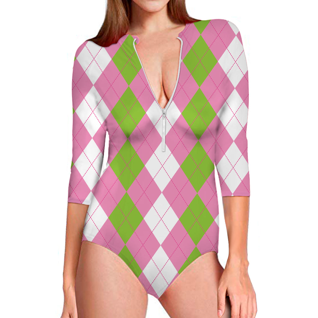 Green Pink And White Argyle Print Long Sleeve Swimsuit