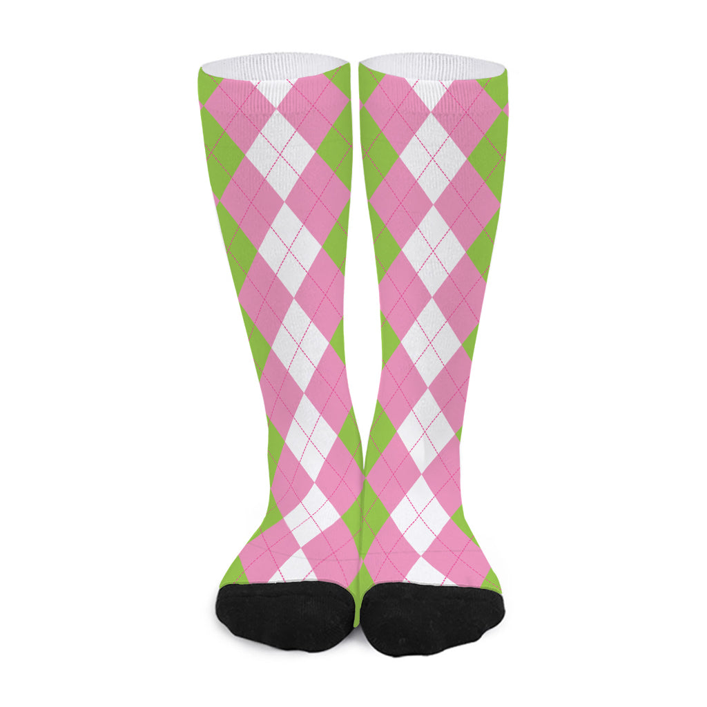 Green Pink And White Argyle Print Long Socks