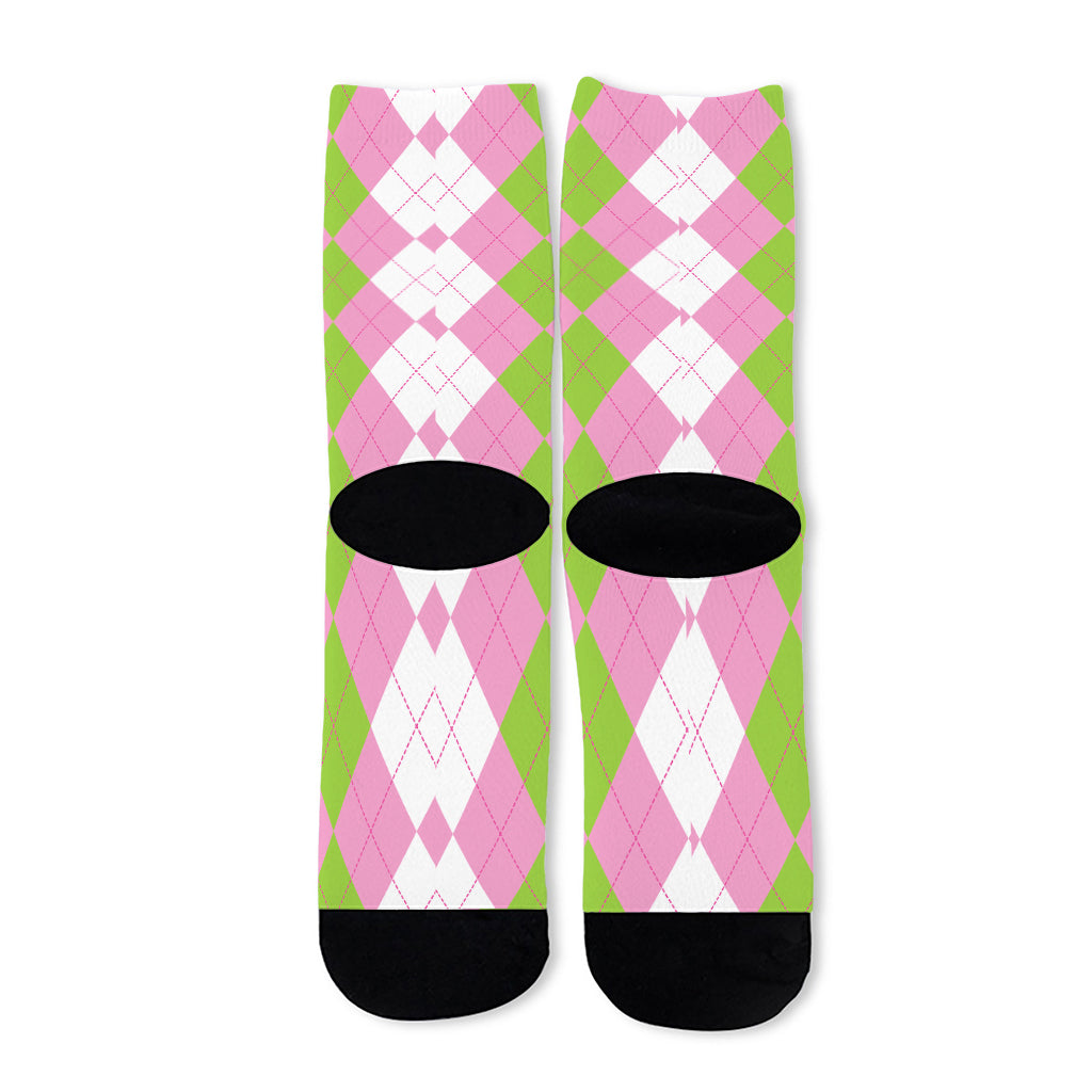 Green Pink And White Argyle Print Long Socks
