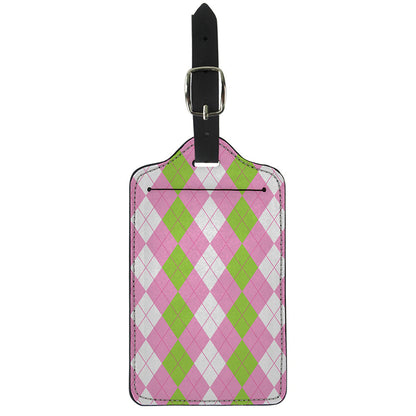 Green Pink And White Argyle Print Luggage Tag