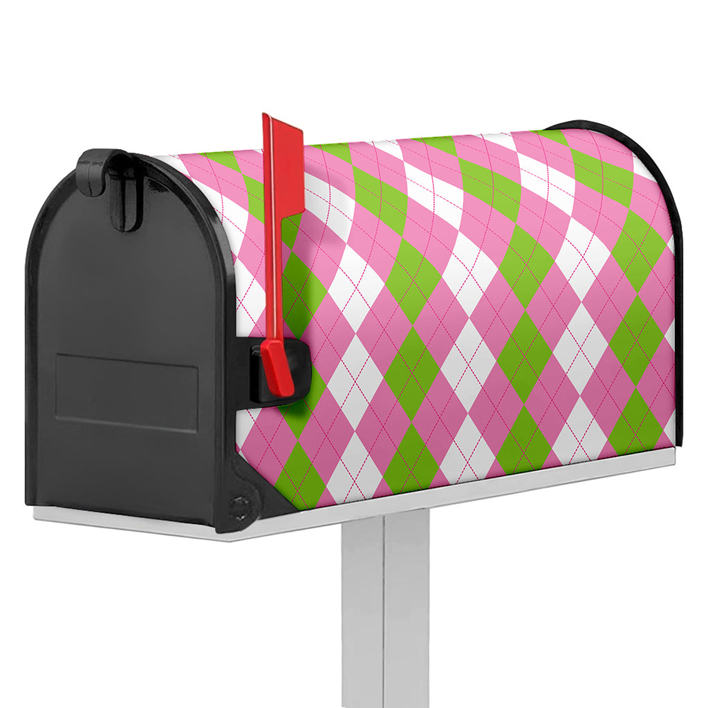 Green Pink And White Argyle Print Mailbox Cover