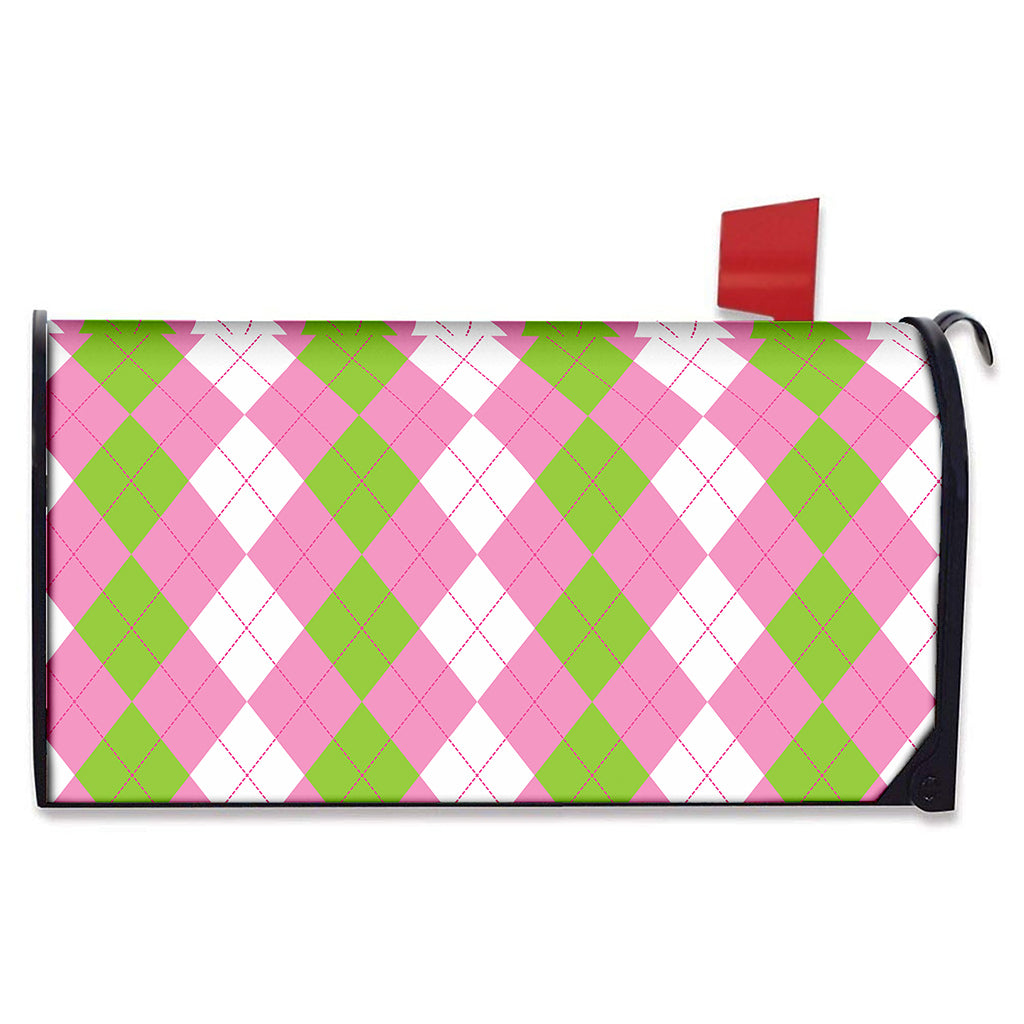 Green Pink And White Argyle Print Mailbox Cover