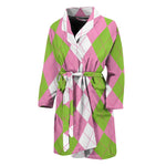 Green Pink And White Argyle Print Men's Bathrobe